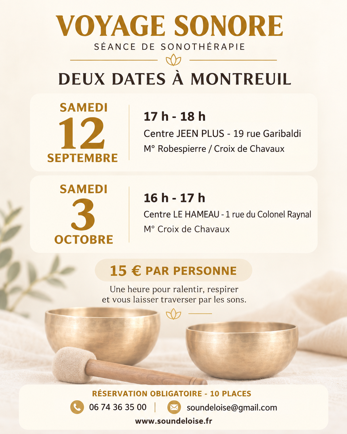 Voyage sonore avec Sound Eloïse, deux dates à Montreuil — samedi 12 septembre 17h-18h au Centre JEEN PLUS, samedi 3 octobre 16h-17h au Centre LE HAMEAU. 15 € par personne, réservation obligatoire, 10 places.